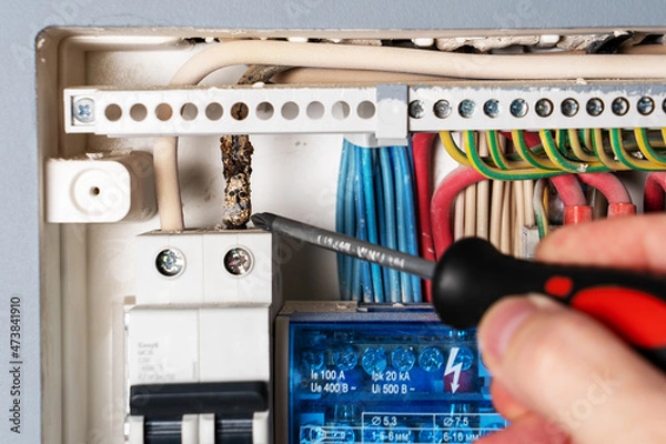 Fototapeta Man points screwdriver at damaged electrical wire.