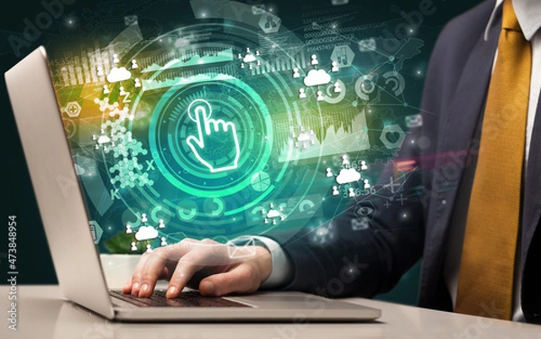 Fototapeta Business hand typing on a modern laptop