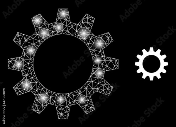 Fototapeta Shiny mesh gearwheel web icon with illuminated spots. Illuminated constellation generated using gearwheel vector icon. Constellation frame web polygonal gearwheel, on a black background.