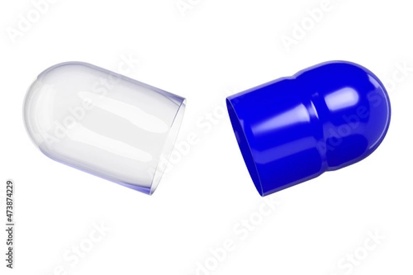 Fototapeta Empty open drug capsule mock-up on white background. Isometric. Medical theme. 3d rendering. 