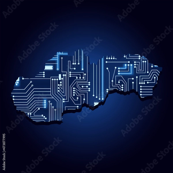 Fototapeta Contour map of Slovakia with a technological electronics circuit.