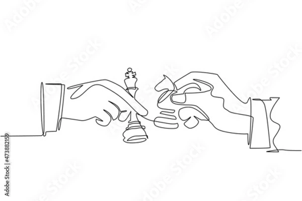 Fototapeta Single continuous line drawing two man's hands with king and horse chess pieces. Vintage engraving stylized drawing. Sport, competition, competitive. One line draw graphic design vector illustration