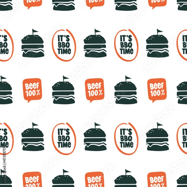 Obraz Hand drawn vector pattern with simple burger illustration and typography.