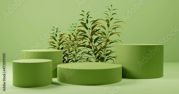 Obraz Green product display podium background with plants 3d rendered image
