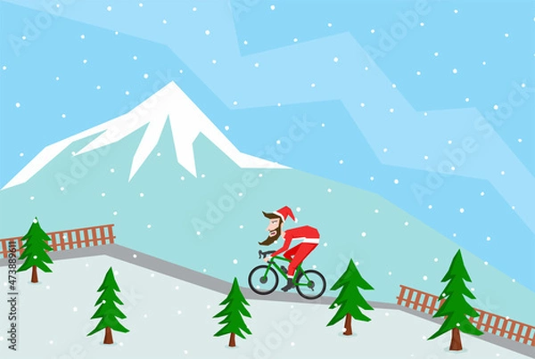 Fototapeta Simple illustration of Santa Claus riding bike on the mountain road between some trees and snow fall