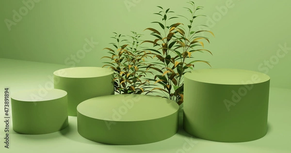 Obraz Cosmetic product display podium with leaves ,3d rendered premium image