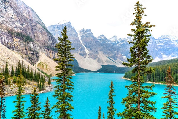 Fototapeta View of Moraine lake with alps