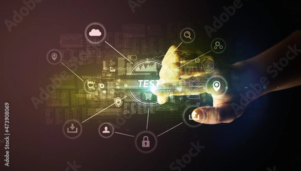 Fototapeta Hand touching cybersecurity button concept