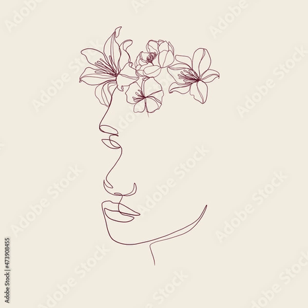 Fototapeta One continuous line portrait of woman with flower. Hand drawn linear face. Abstract minimalism style. Beauty and fashion. Vector decoration design for card, t-shirt, tattoo, poster. 