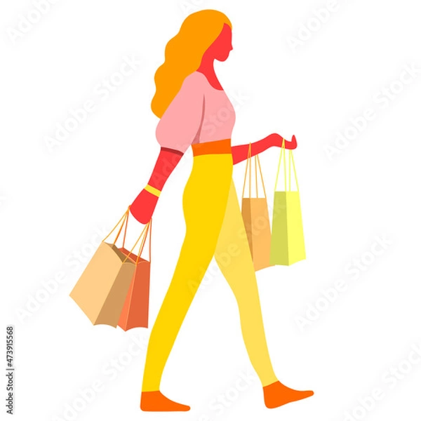 Fototapeta Woman walking with handbags, shopping, fashionista in the store. A girl on sale buying things. Isolated graphic. Vector illustration in bright summer colors
