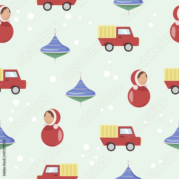 Fototapeta Seamless pattern with Cartoon colorful toys set in flat style.  Colorful background for kids and nursery design.