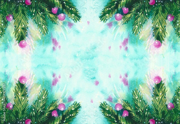 Obraz Blurred watercolor background fir branches, balls, New Year