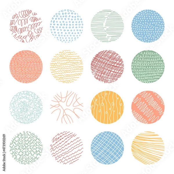 Fototapeta Vector set of round abstract backgrounds. Contemporary trend illustration. Patterns of hand drawn curves, lines, points, spots. Doodle icons set for social networks, posters, design templates