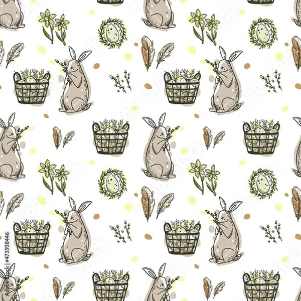 Obraz Cute Easter doodle seamless pattern with bunny, basket, easter eggs, and candles. Vector hand drawn illustration