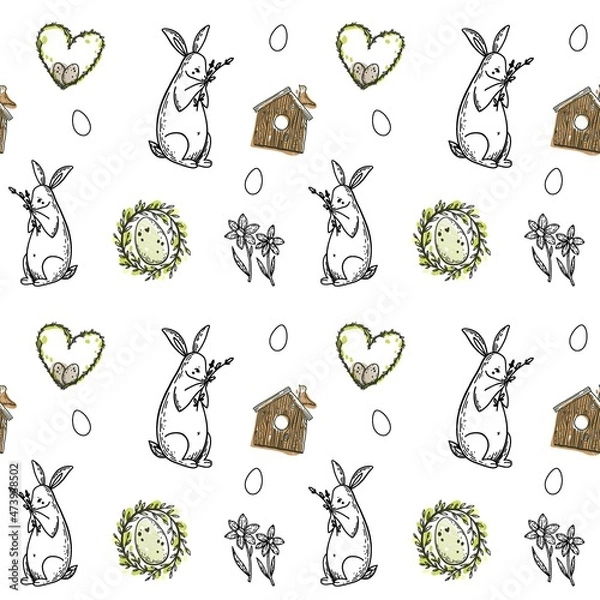 Obraz Cute Easter doodle seamless pattern with bunny, basket, easter eggs, and candles. Vector hand drawn illustration