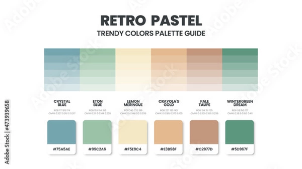 Fototapeta Retro color schemes. Color Trends combinations and palette guide. Example of table color shades in RGB and HEX. Color swatch for fashion, home, interiors design 2022. Colour chart idea vector.