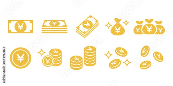 Obraz お金、お札、マネー、日本円のベクターアイコンイラスト金色