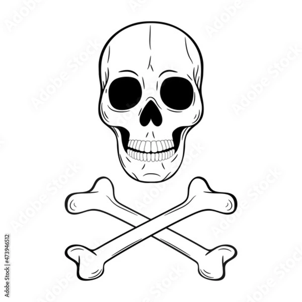 Fototapeta Human skull and crossbones. Pirate flag. Jolly Roger. Drawn by hand. Vector illustration isolated on white background. Outline freehand drawn. Coloring book page