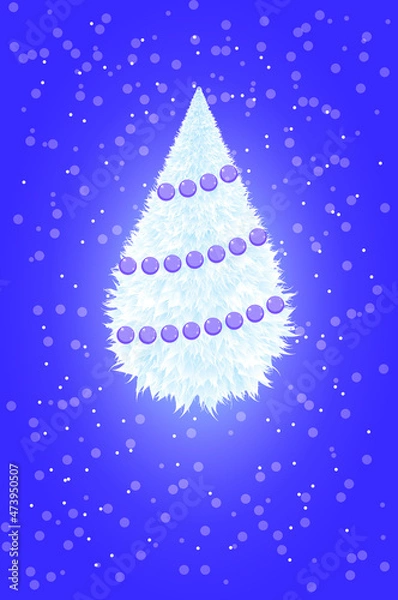 Fototapeta vector fluffy Christmas tree with purple balls. flat image of a lilac christmas tree on a purple background with snowflakes