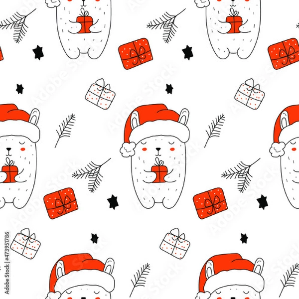 Obraz Hand drawn vector cute cartoon seamless pattern with pastel colors illustration Santa rabbit and Christmas tree on for baby textiles, gift wrapping paper, linen fabric, fabric texture.