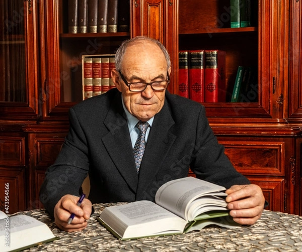 Fototapeta Portrait of senior professor sitting at desk, reading book
