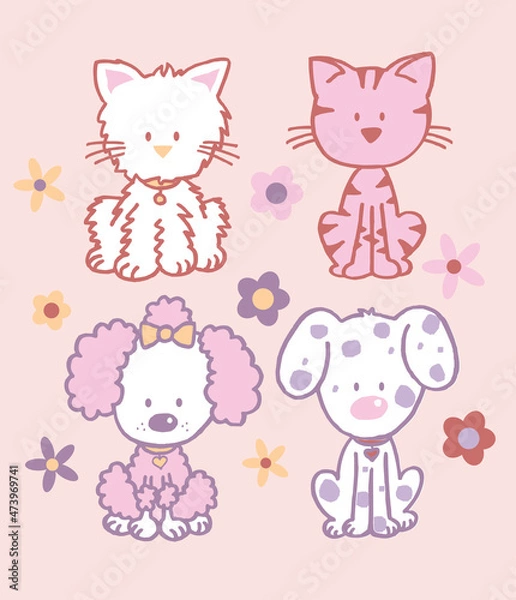 Fototapeta baby cat and dog  flower background cartoon vector illustration cute kitten and puppy art for kids t shirt, frocks, print, poster, greeting card invitation, badges, stickers, book covers and mugs.