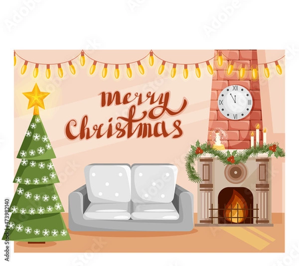 Fototapeta Merry Christmas greeting card, with decorated fir tree and fireplace.