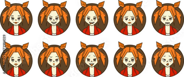 Fototapeta Set icons of girl avatars with red hair and a double space bun hairstyle and different emotions. Smile, sadness, anger, hatred, indignation, contempt, gloating, panic, shy.