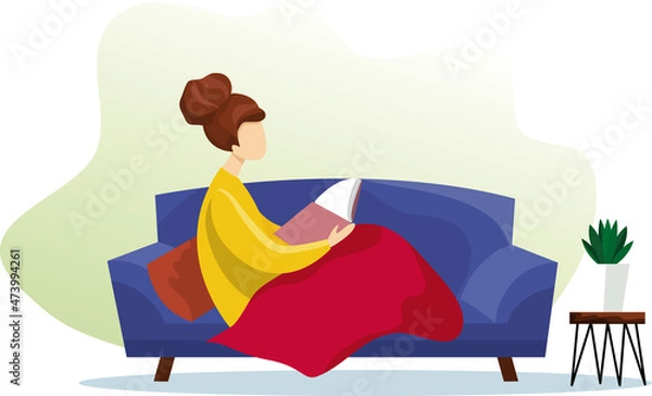 Obraz Woman reading book while sitting at sofa. Learning and literacy day concept. Cute vector illustration in flat cartoon style