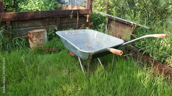 Obraz Garden wheelbarrow on green grass, rustic landscape