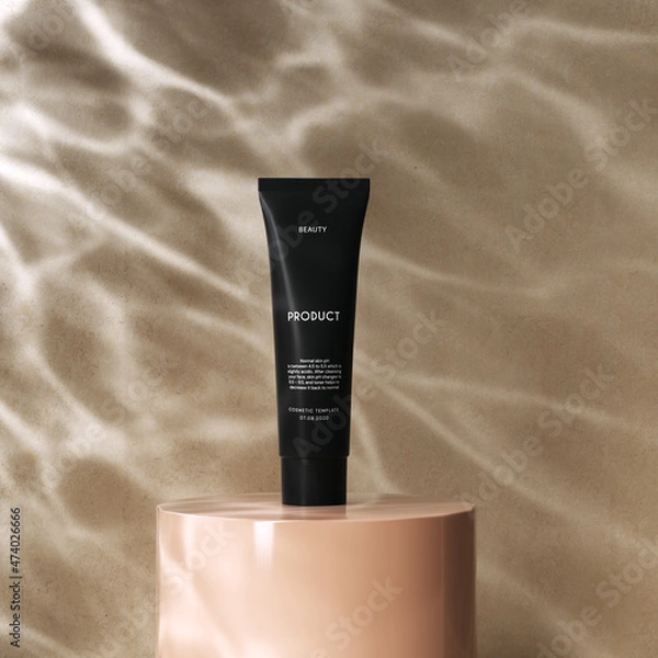 Fototapeta Shadow and light, water caustic texture on wall, summertime vibes minimal interior for cosmetic product presentation, 3d rendering object display mockup