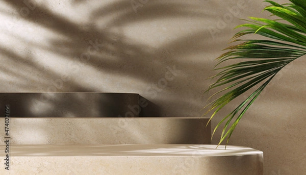 Obraz Minimal modern product display on textured beige background with palm leaves shadows overlay, 3d rendering object placement podium