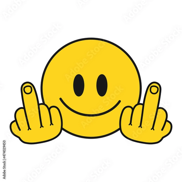 Fototapeta Smile face with middle finger gesture t-shirt print. Vector hand drawn cartoon character illustration.Smile face, middle finger gesture print for t-shirt,poster concept