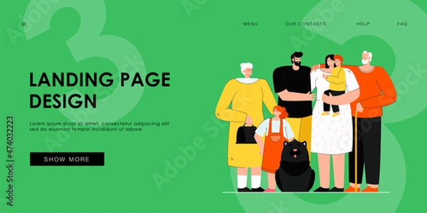 Fototapeta Loving happy big family standing together isolated flat vector illustration. Cartoon mother, father, grandpa, grandma, children and dog. Generation and relationship concept