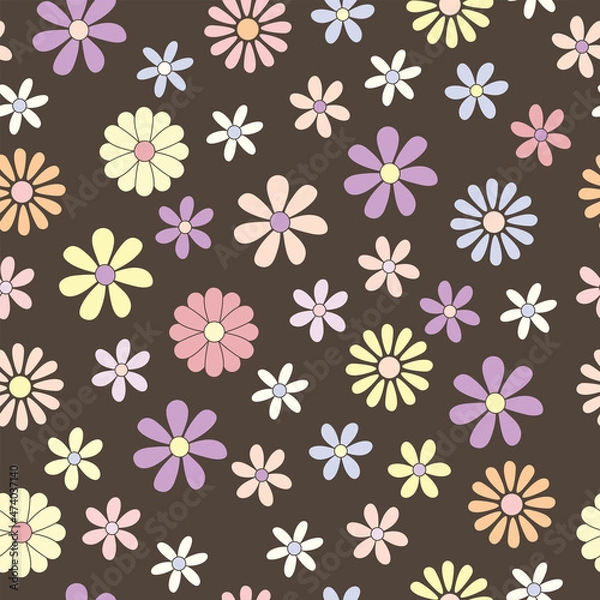 Fototapeta Trendy seamless pattern with cartoon flowers. Hippie and retro aesthetic. Colorful vector background in pastel tones. 60s, 70s, vintage style