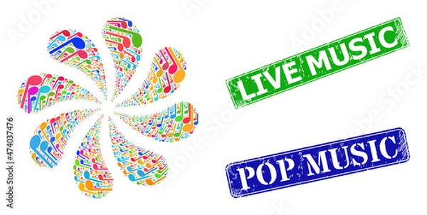 Fototapeta Musical note icon multi colored swirl burst flower salute composition, and grunge Live Music seal. Blue Pop Music and green Live Music rectangle grunge seal stamps.
