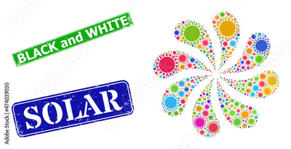 Fototapeta Sun icon colored curl spin flower salute shape, and grunge Black and White stamp seal. Blue Solar and green Black and White rectangle grunge seal stamps.