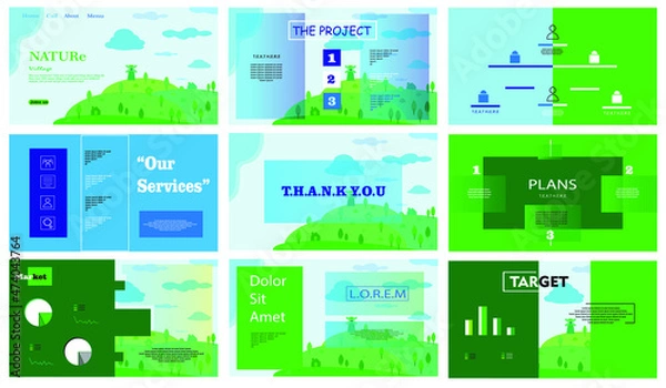 Fototapeta Power point template with nature theme. Presentation, UI, UX,  template set. Marketing, business, sales report, interface, info graphic. Brochure, flyer, landing page. Web design. 