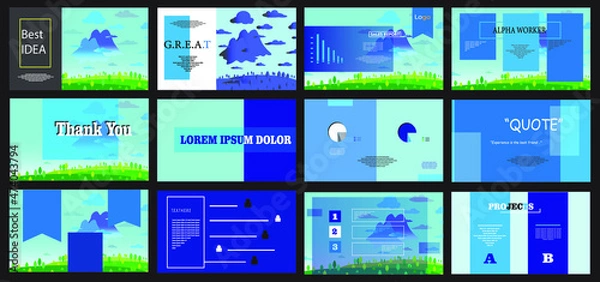 Fototapeta Presentation template with  blue and grey color. Presentation, UI, UX,  template set. Marketing, business, sales report, interface, info graphic. Brochure, flyer, landing page. Web design. 