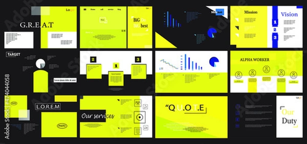 Fototapeta Power point template with yellow and black colors. Presentation, UI, UX,  template set. Marketing, business, sales report, interface, info graphic. Brochure, flyer, landing page. Web design. 