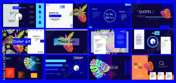 Fototapeta Power point template with dark blue and multicolor style. Presentation, UI, UX,  template set. Marketing, business, sales report, interface, info graphic. Brochure, flyer, landing page. Web design. 