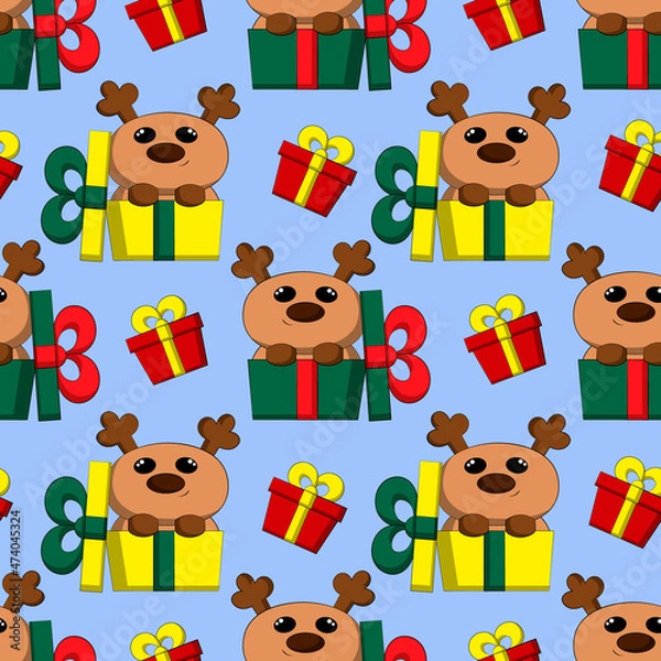 Fototapeta Seamless vector pattern with cute cartoon reindeer and gift box
