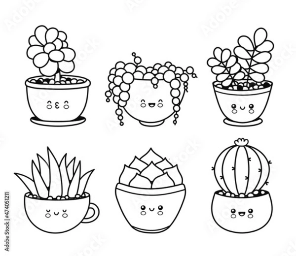 Fototapeta Cute happy funny succulents plants,cacti,flower emoji set collection.Vector coloring cartoon kawaii character illustration.Plants page for coloring book bundle concept.Isolated on white background