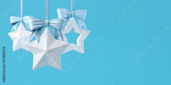 Fototapeta Christmas tree toys in the form of silver stars with light blue bows. 3d illustration is in gentle blue colors, horizontal format with space for text.