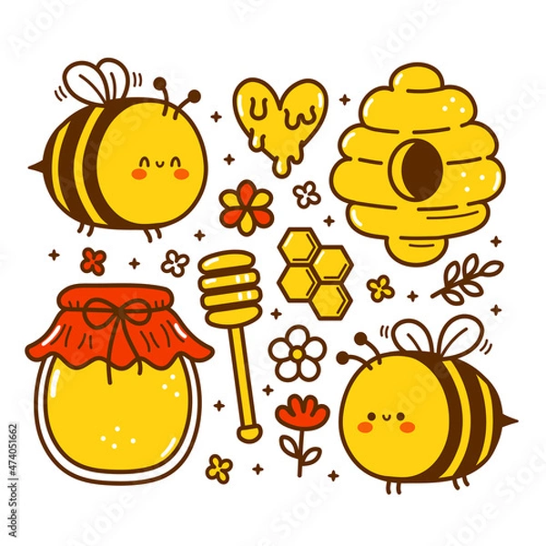 Fototapeta Cute funny bee,honey character set collection. Vector hand drawn cartoon kawaii character illustration icon. Cute bee,honey jar cartoon kawaii bundle set concept
