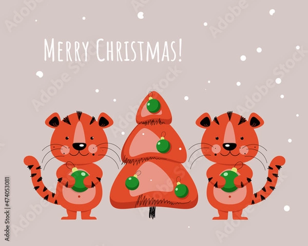 Fototapeta Сartoon merry christmas card with tigers and christmas tree illustration
