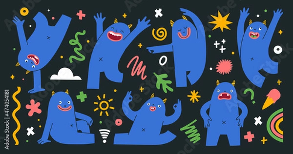 Fototapeta Cute colorful creatures in different poses and showing emotions. Trendy illustration with abstract shapes, doodle objects and lines. Set of stickers with monsters. Isolated hand-drawn elements.