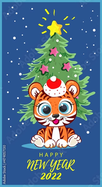 Fototapeta Happy New Year 2022 or Christmas vector. The image of a cute tiger in a New Year's hat at the Christmas tree. 