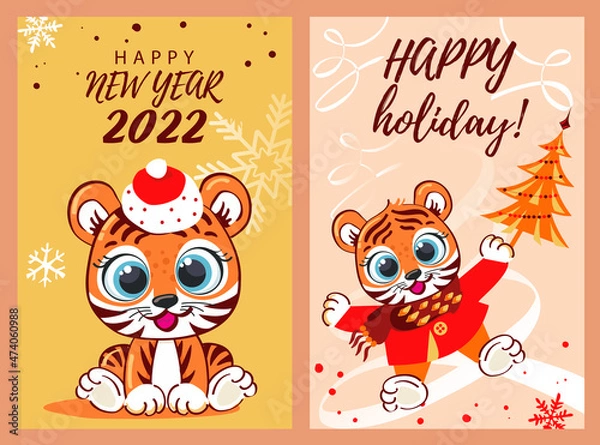 Fototapeta Happy New Year 2022 or Christmas vector. The image of a cute tiger in a New Year's hat at the Christmas tree. 