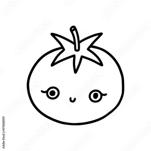 Obraz Cute kawaii line red tomato smiling with eyes. Cute childish vegetable character. Isolated flat fully editable illustration on white background.